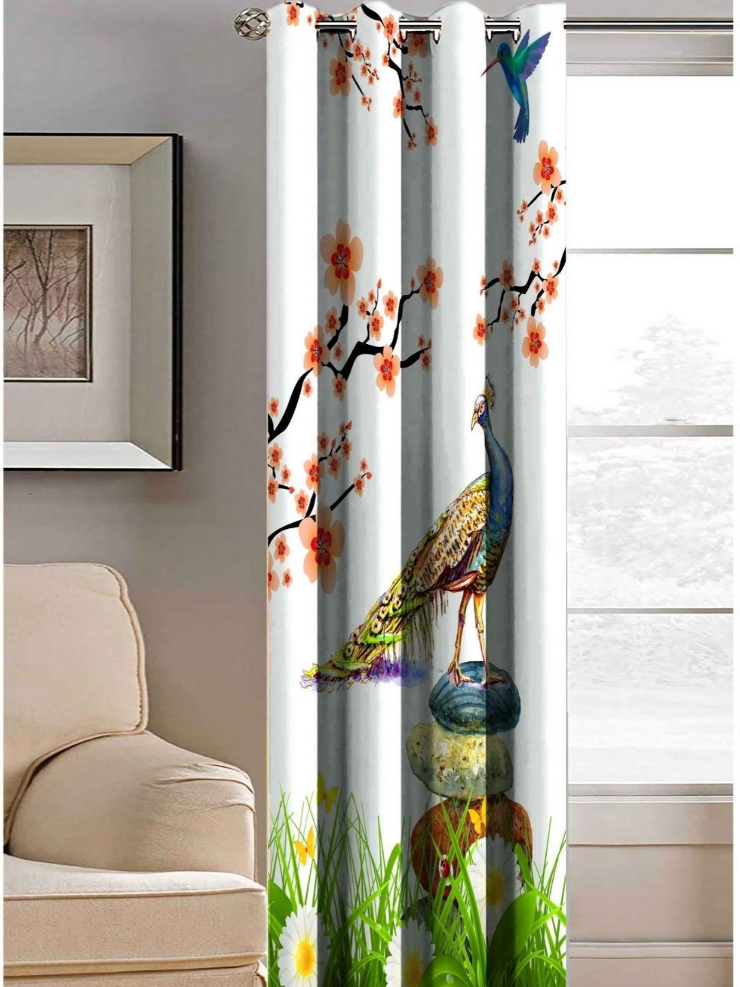 Aura White & Blue Floral Printed Light Blocking Door Curtain