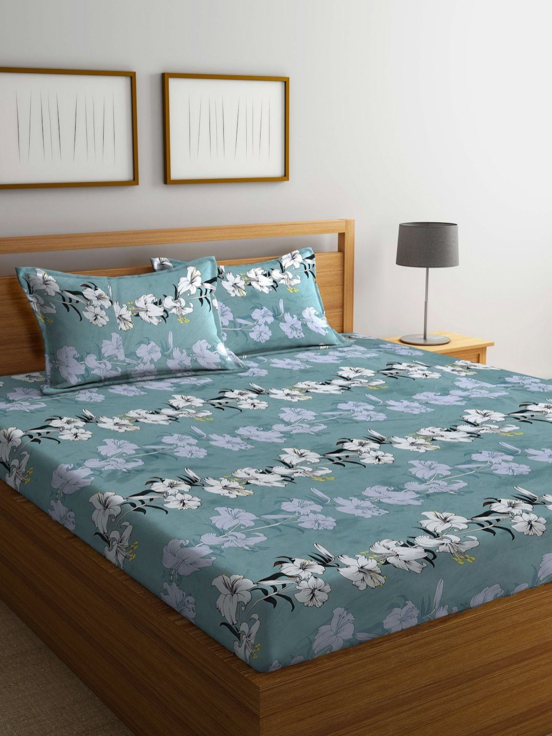 Myntra Elegant Homes Teal & Black Floral Printed 300 TC King Bedsheet Set 2.70 m x 2.70 m