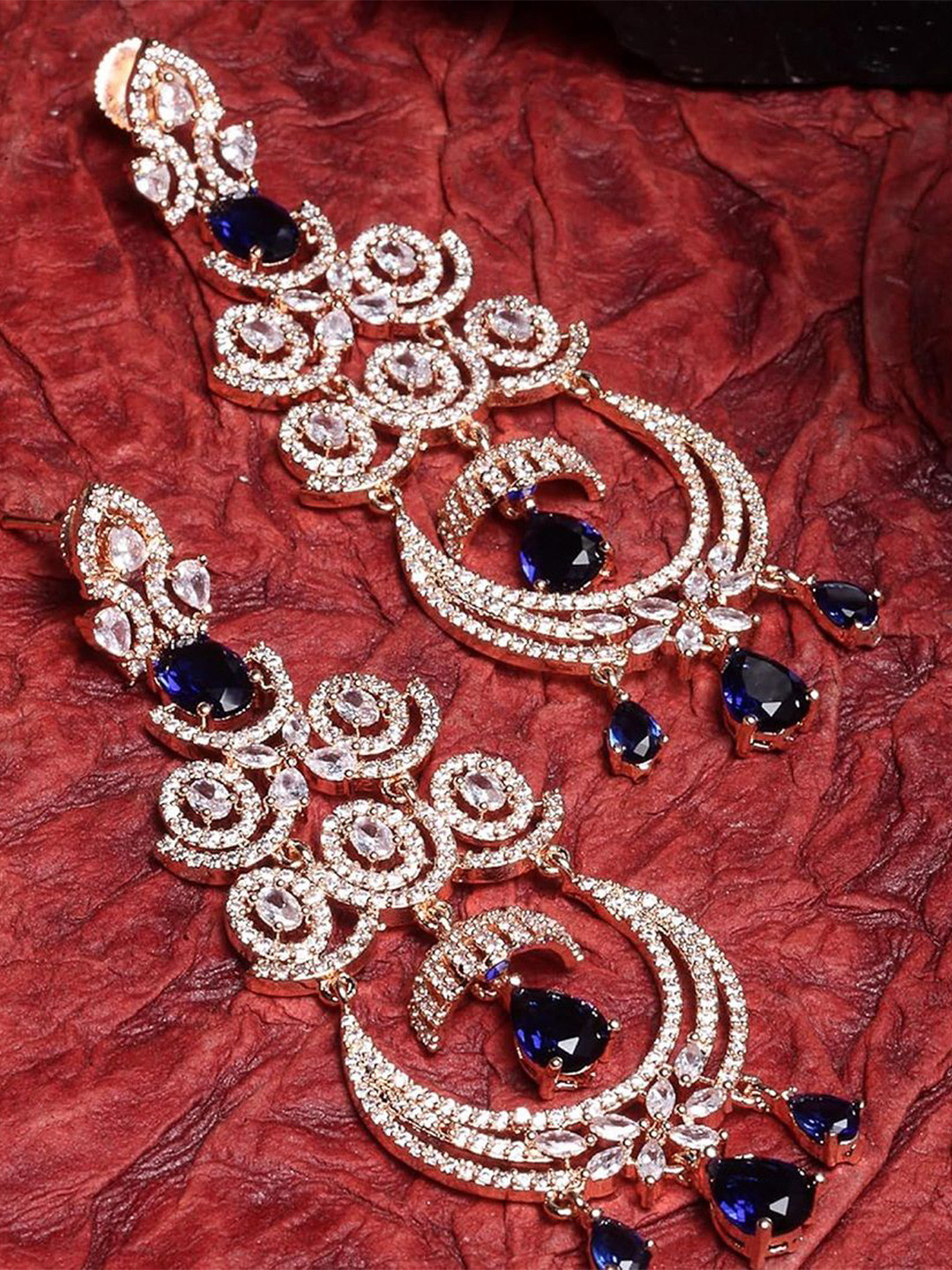 Gemron Jewel Rhodium-Plated American Diamond Studded Crescent Shaped Chandbalis