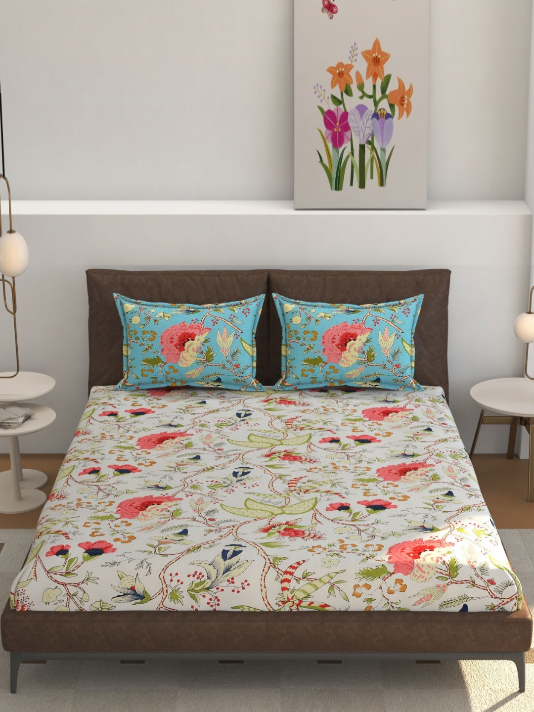 REALDREAM Presents Luxurious White Floral Cotton 300 TC Fitted King Fine Bedsheet with 2 Pillow Covers-108 x 108 inches