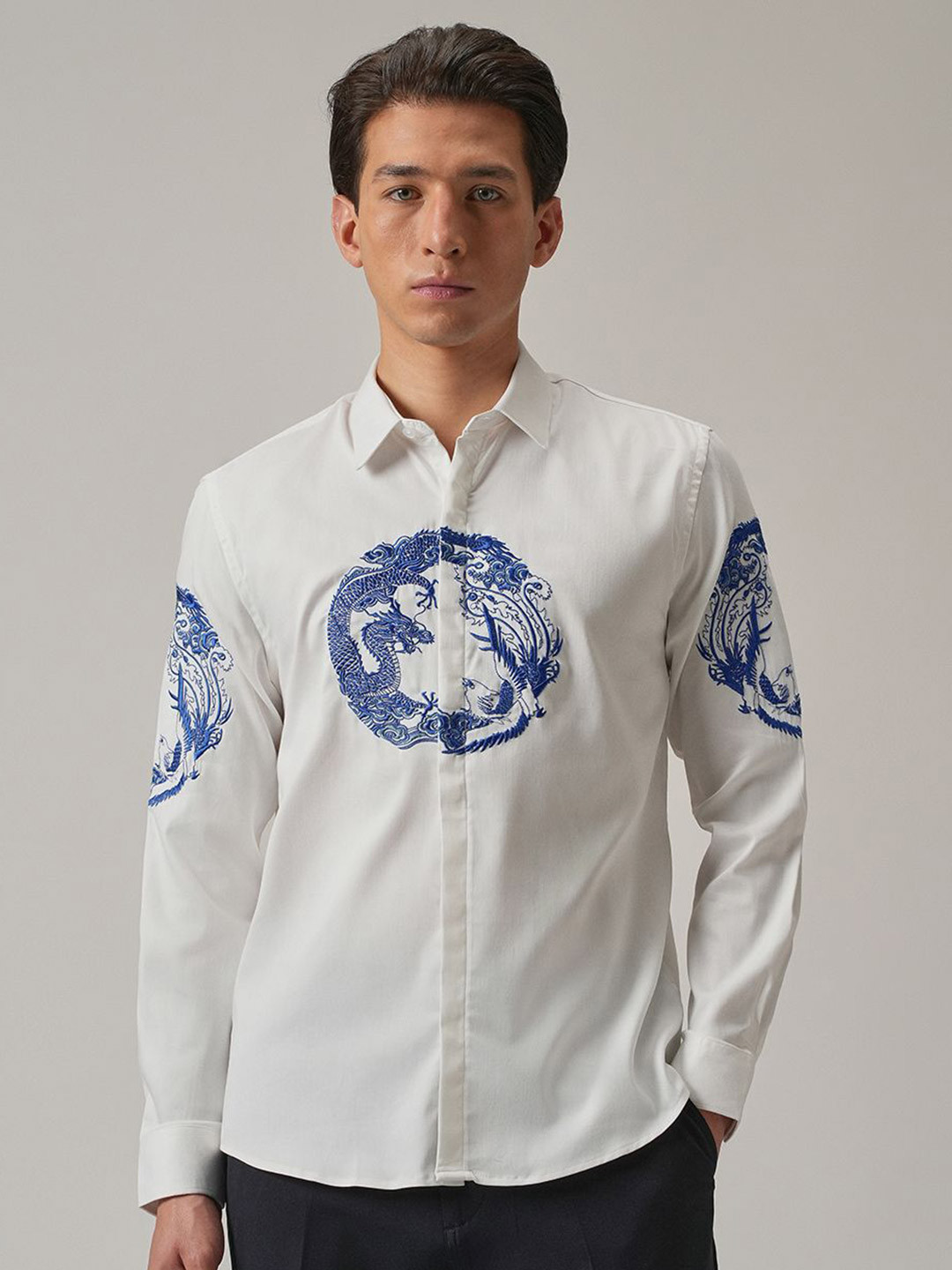 Banana Club Dragon And Phoenix Embroidery Classic Slim Fit Designer Shirt