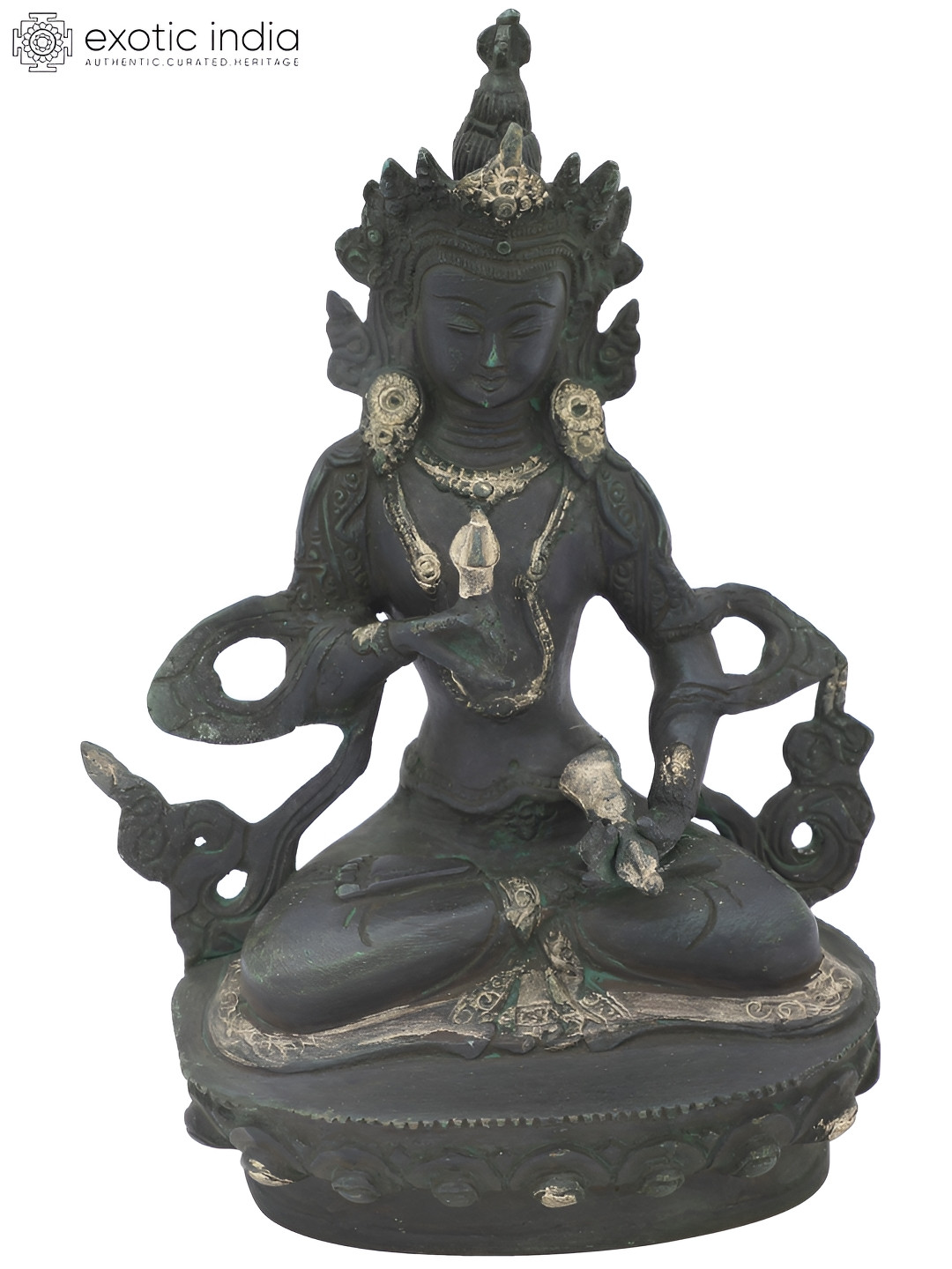 Exotic India Tibetan Buddhist Deity Vajrasattva Black Brass Metallic Home Office Medium Showpiece - 8.5 Inches