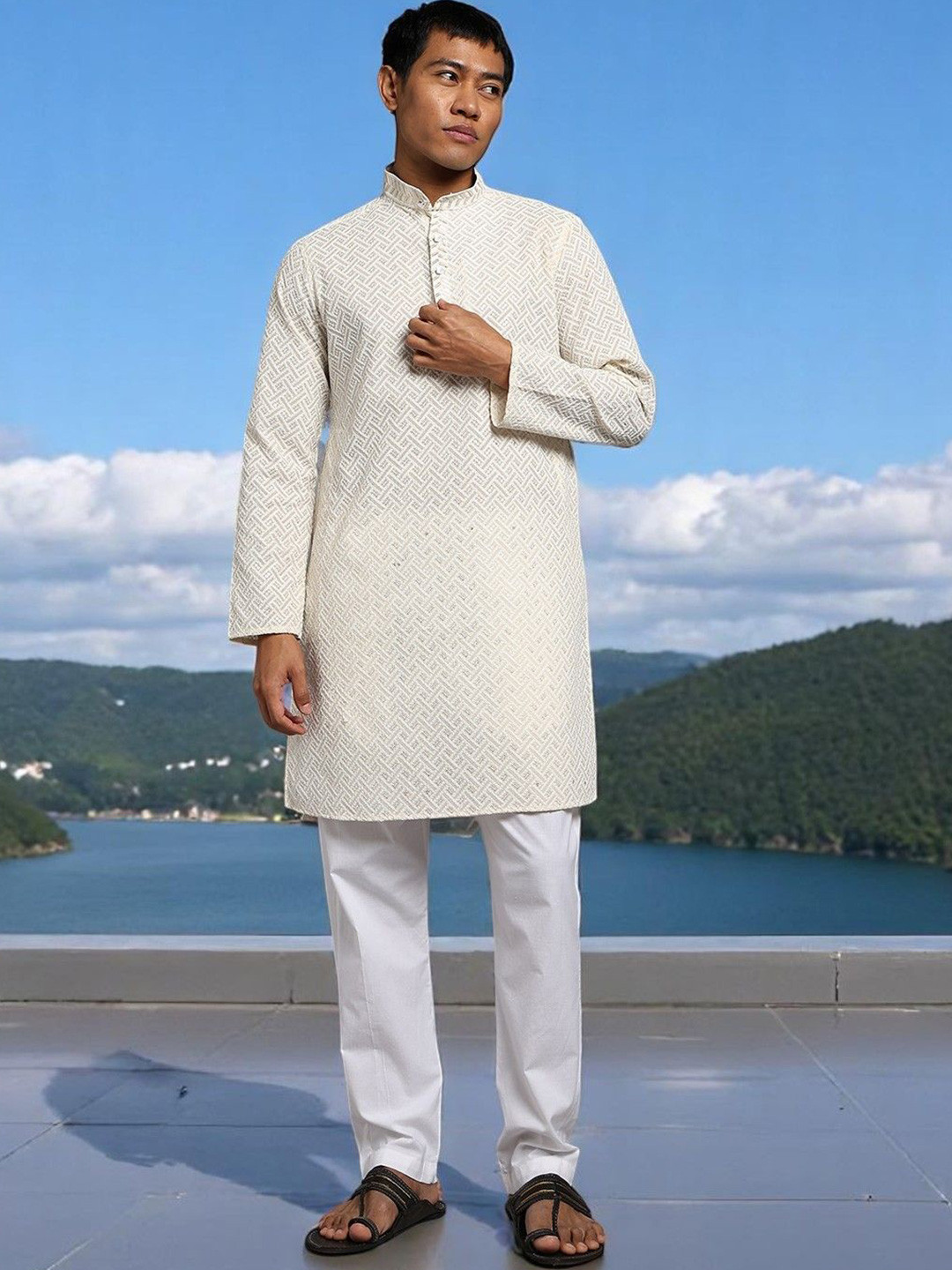 TRYBUY.IN Geometric Embroidered Chikankari Straight Cotton Kurta