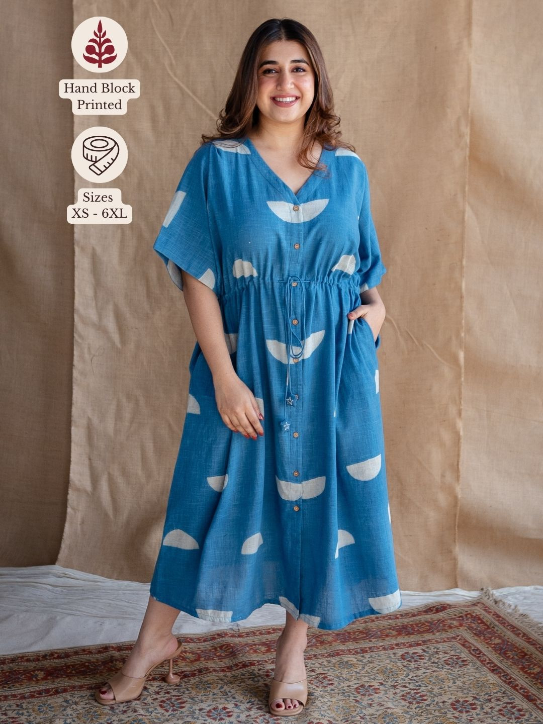 THE INDIAN ETHNIC CO Women Indigo Loose Dabu Slub Cotton Dress