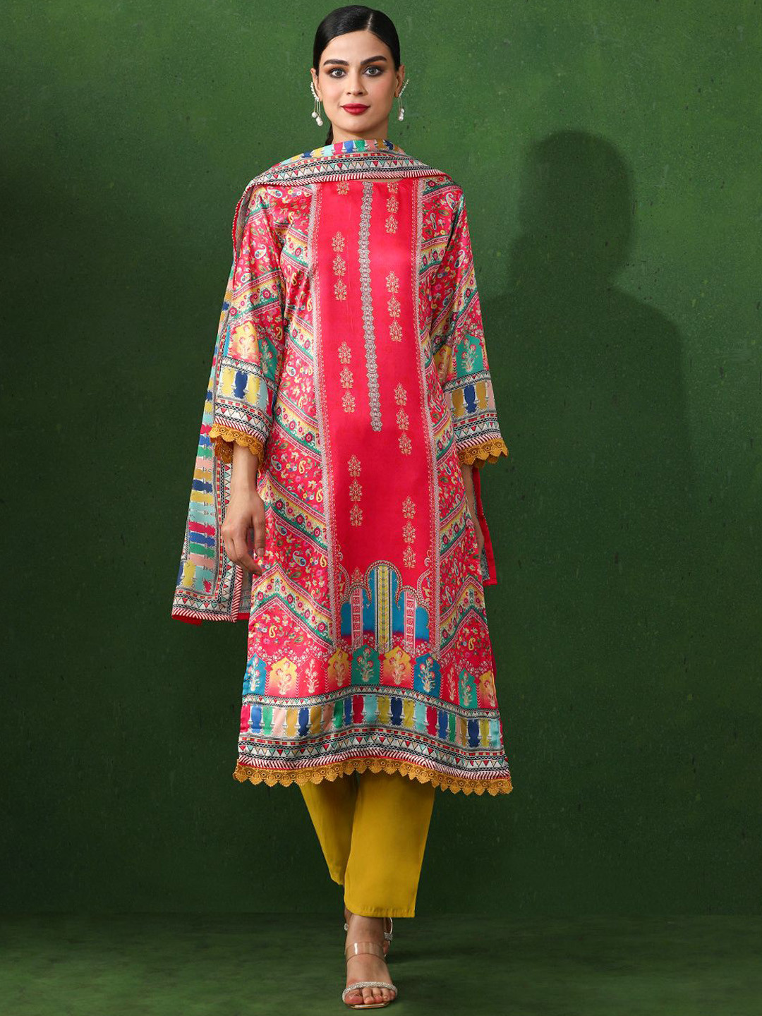 Jaipur Kurti Women Floral Embroidered Satin Kurta with Trousers & Dupatta