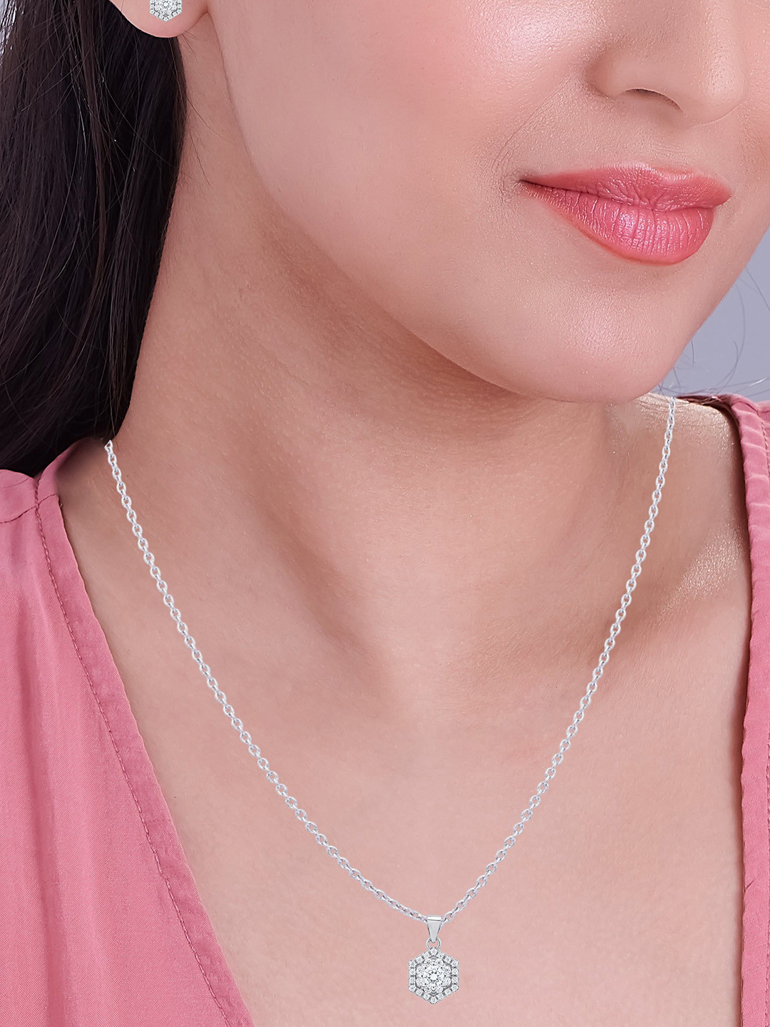 Nipura 925 Sterling Silver Rhodium-Plated Cubic Zirconia Hexagon Jewellery Set