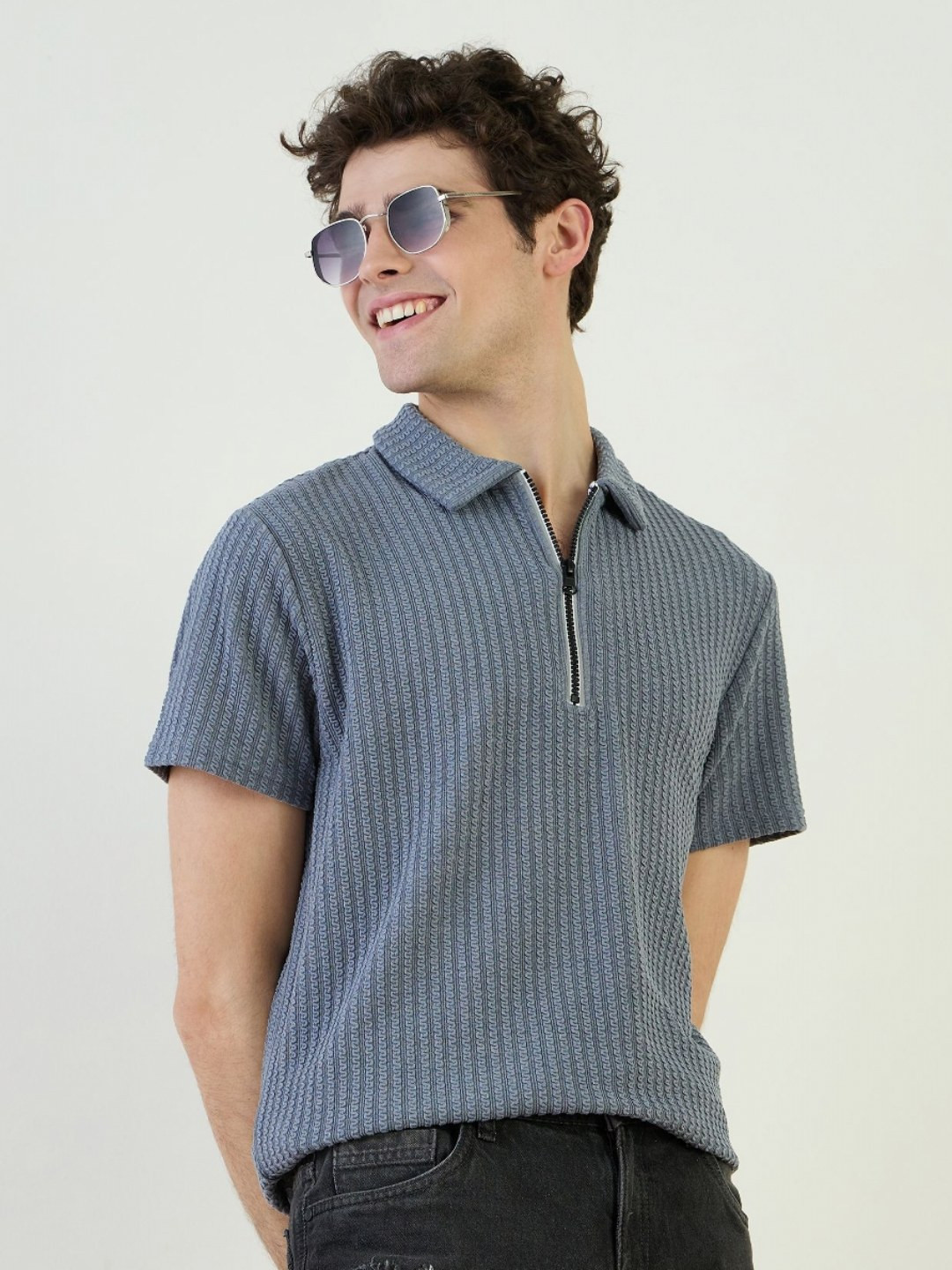 Iconic Mens Textu Colla Neck Regular Fit Stretchable Fancy Zipper Polo T-Shirt