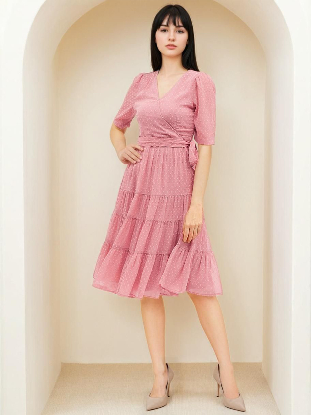 Stylecast X Slyck Belted Tiered Wrap Dress
