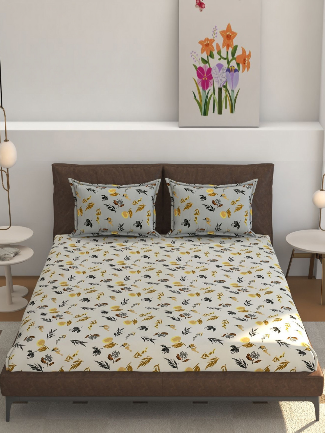 REALDREAM Presents Luxurious Beige Floral Cotton 300 TC Fitted King Fine Bedsheet with 2 Pillow Covers-78 x 72 inches