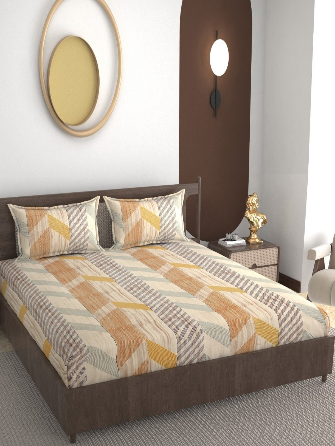 REALDREAM Presents Luxurious Yellow Abstract Cotton 300 TC Fitted King Fine Bedsheet with 2 Pillow Covers-78 x 72 inches