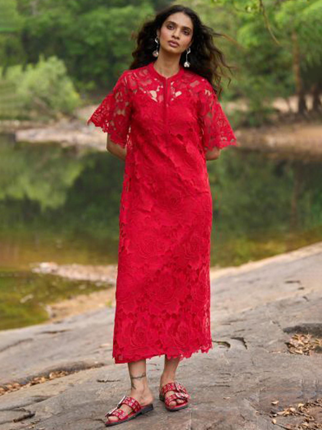 Dash and Dot Women Red Lace Midi