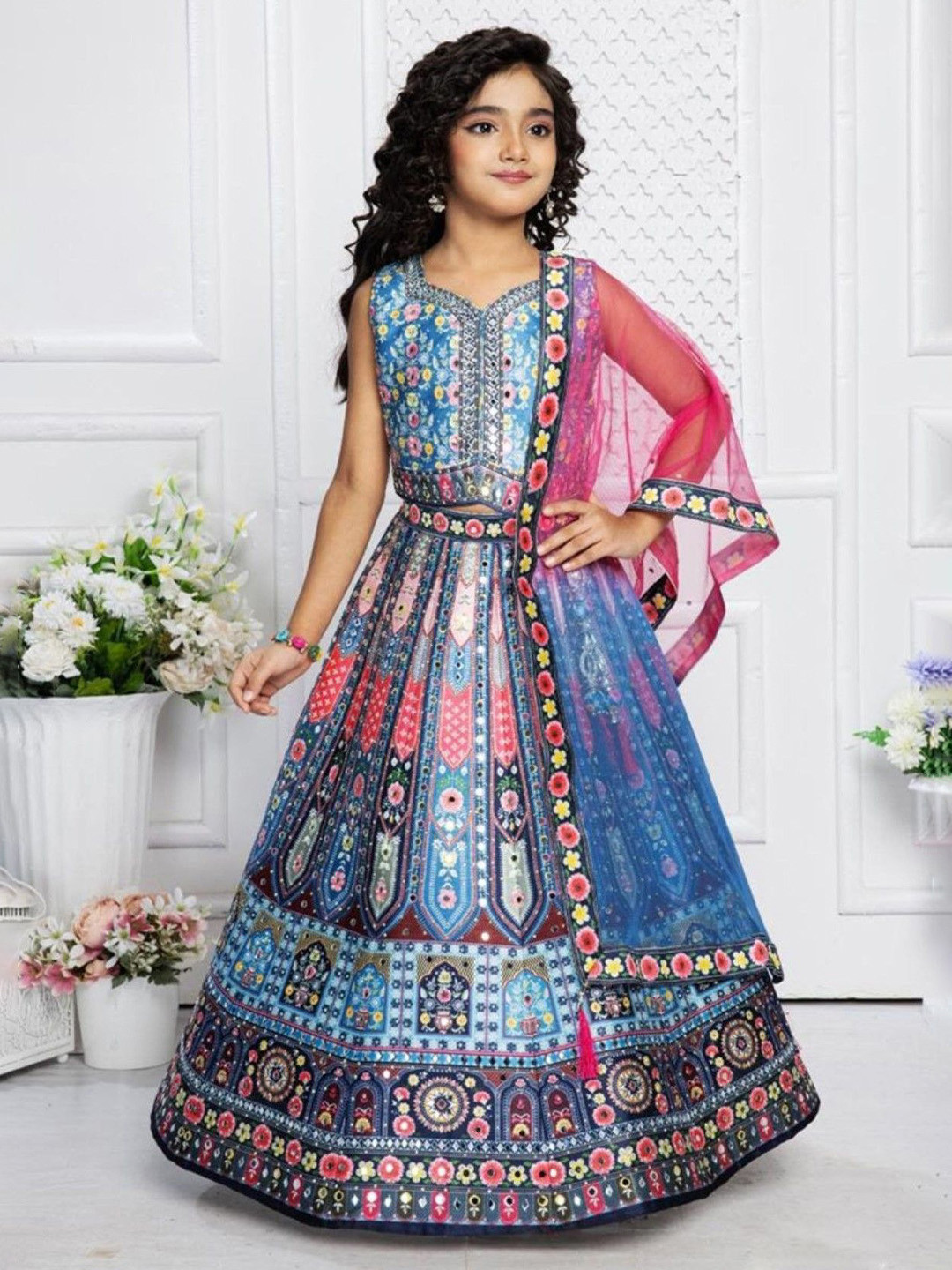NKV Girls Ethnic Motifs Printed Mirror Work Ready to Wear Lehenga & Blouse With Dupatta