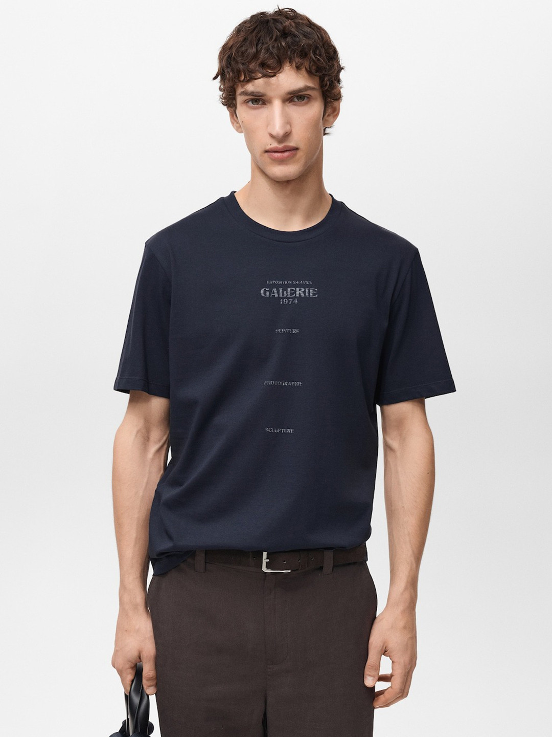 MANGO MAN Typography Printed Drop-Shoulder Sleeves Pure Cotton Relaxed Fit T-shirt