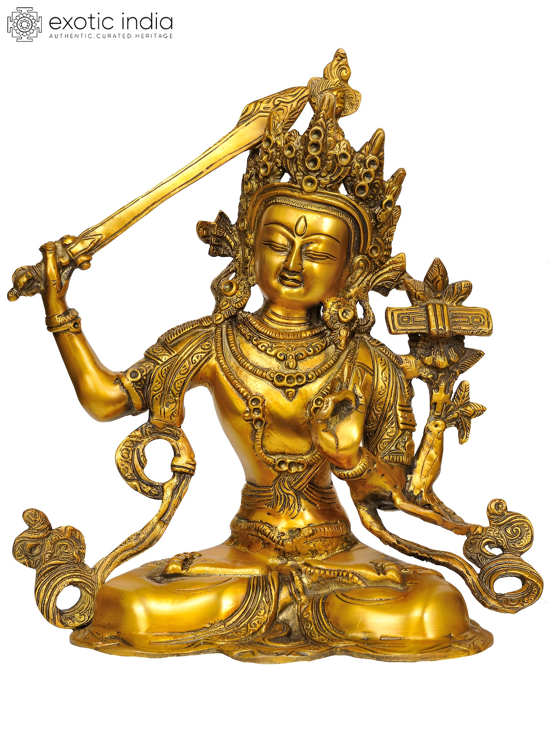 Exotic India Tibetan Buddhist Deity Manjushri Gold Brass Metallic Prayer Room Medium Showpiece - 11 Inches