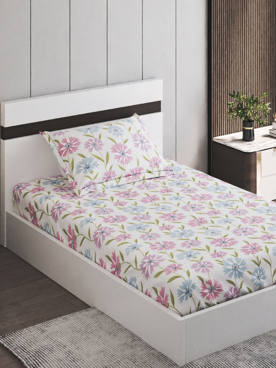 Home Centre Juniper Mosedale Pink Floral Polyester 160 TC Single Bedsheet with a Pillow Cover-86 x 60 inches