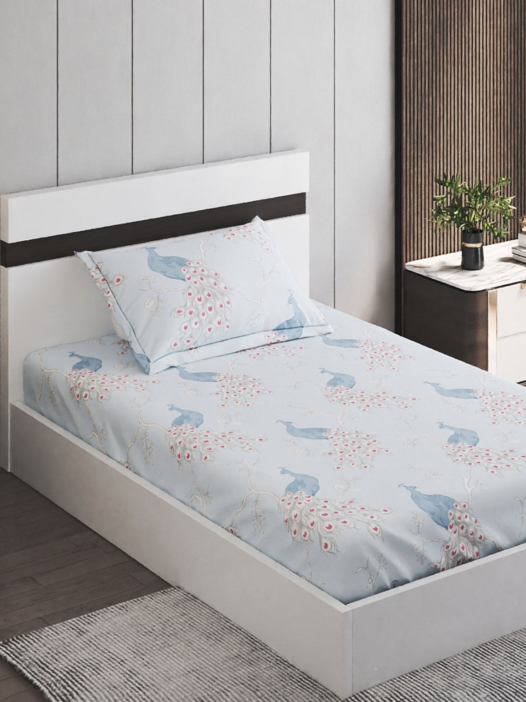 Home Centre Juniper Flint Blue Ethnic Motifs Polyester 160 TC Single Bedsheet with a Pillow Cover-86 x 60 inches