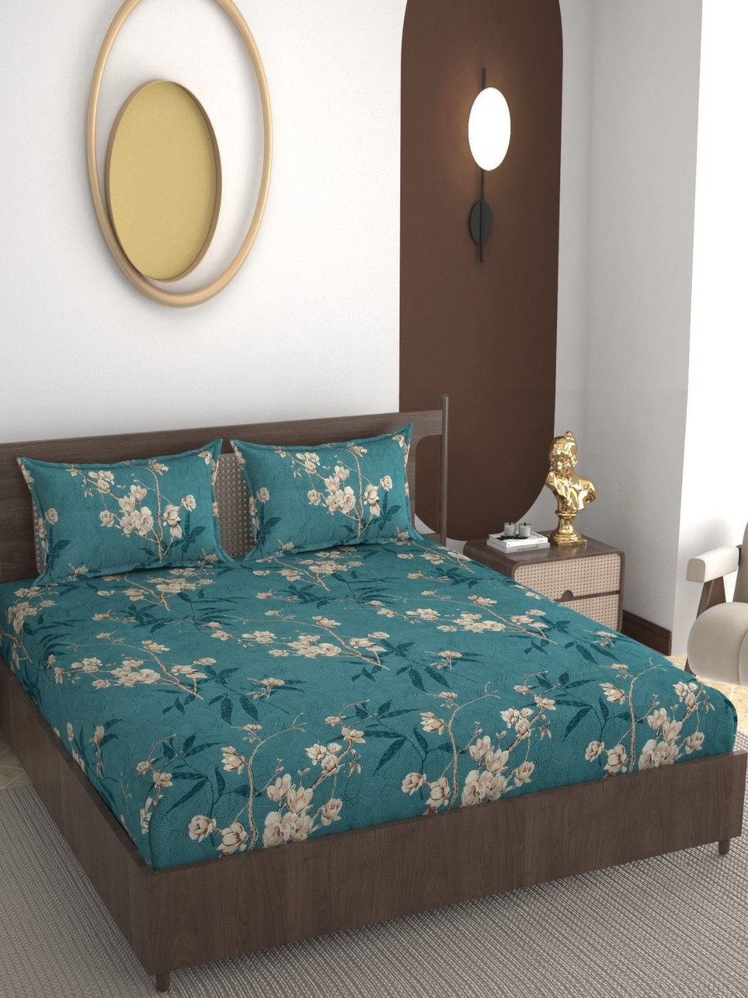 REALDREAM Presents Luxurious Green Floral Cotton 300 TC Fitted King Fine Bedsheet with 2 Pillow Covers-78 x 71 inches
