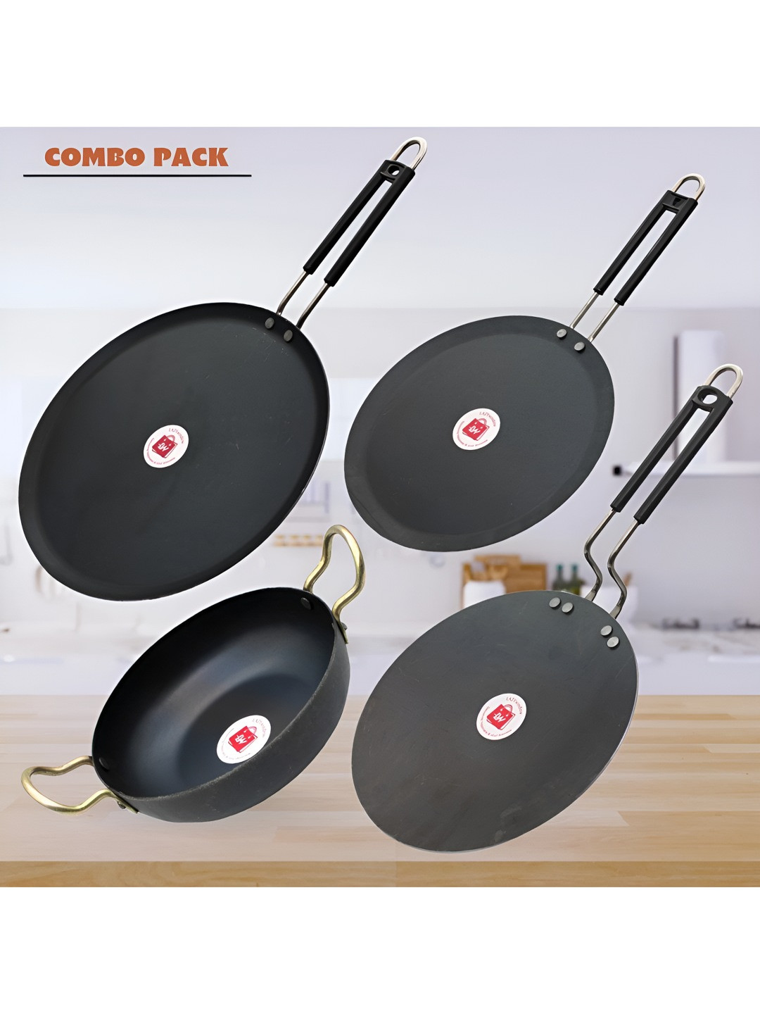 LAZYwindow Black 4 Pieces Iron Tawa And Fry Pan