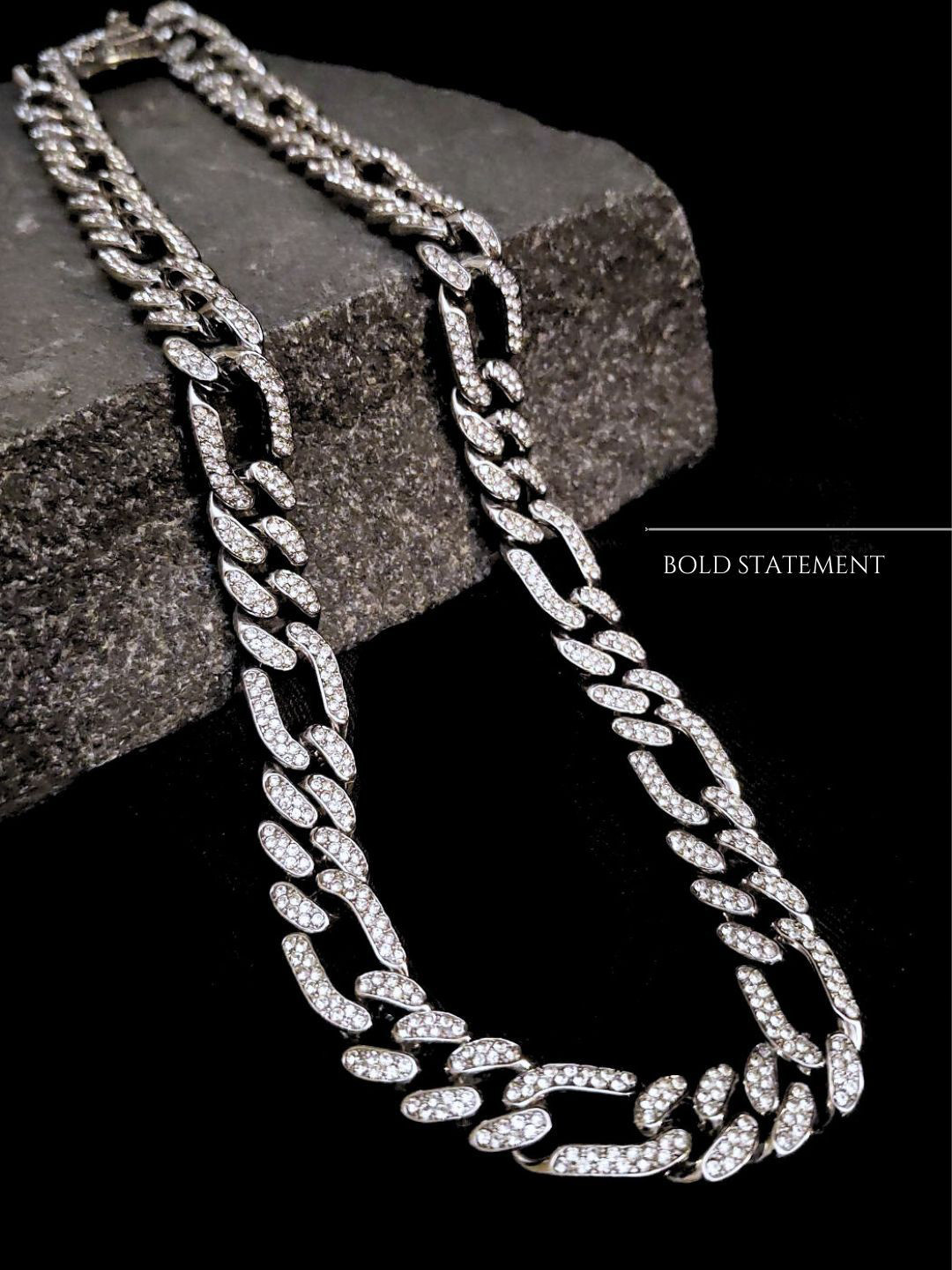 RaasRani Men Rhodium-Plated Stainless Steel Iced Out Double-line CZ-Studded Chain