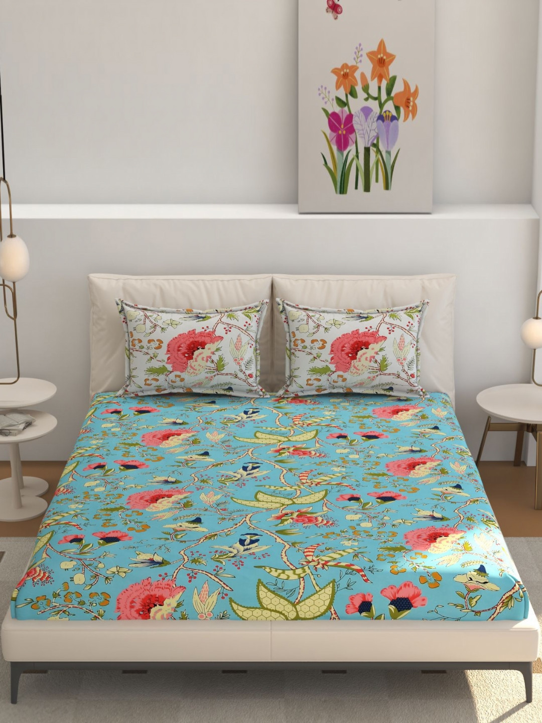 REALDREAM Presents Luxurious Blue Floral Cotton 300 TC Fitted King Fine Bedsheet with 2 Pillow Covers-108 x 108 inches