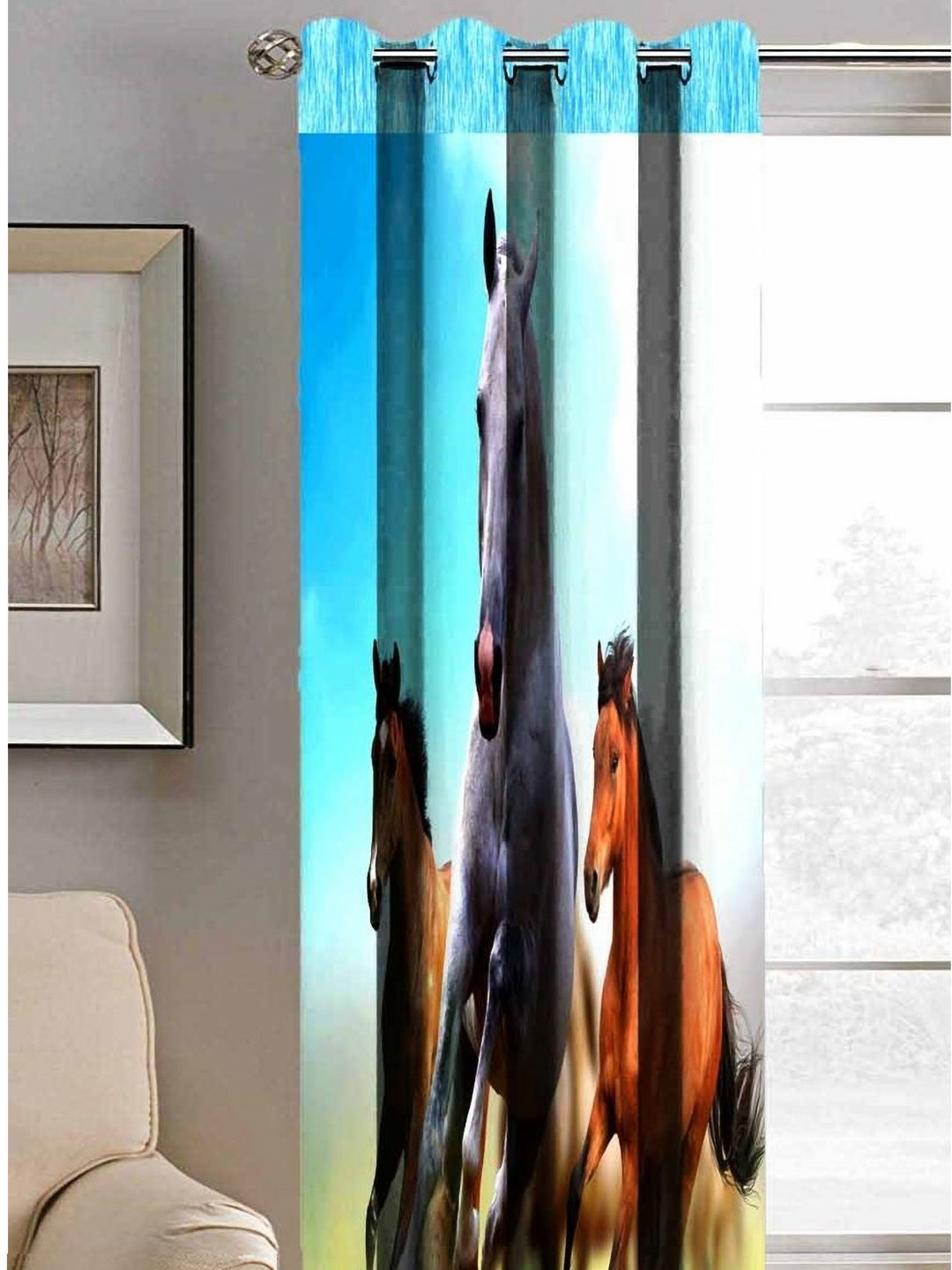 Aura Blue & Green Horse Printed Light Blocking Window Curtain