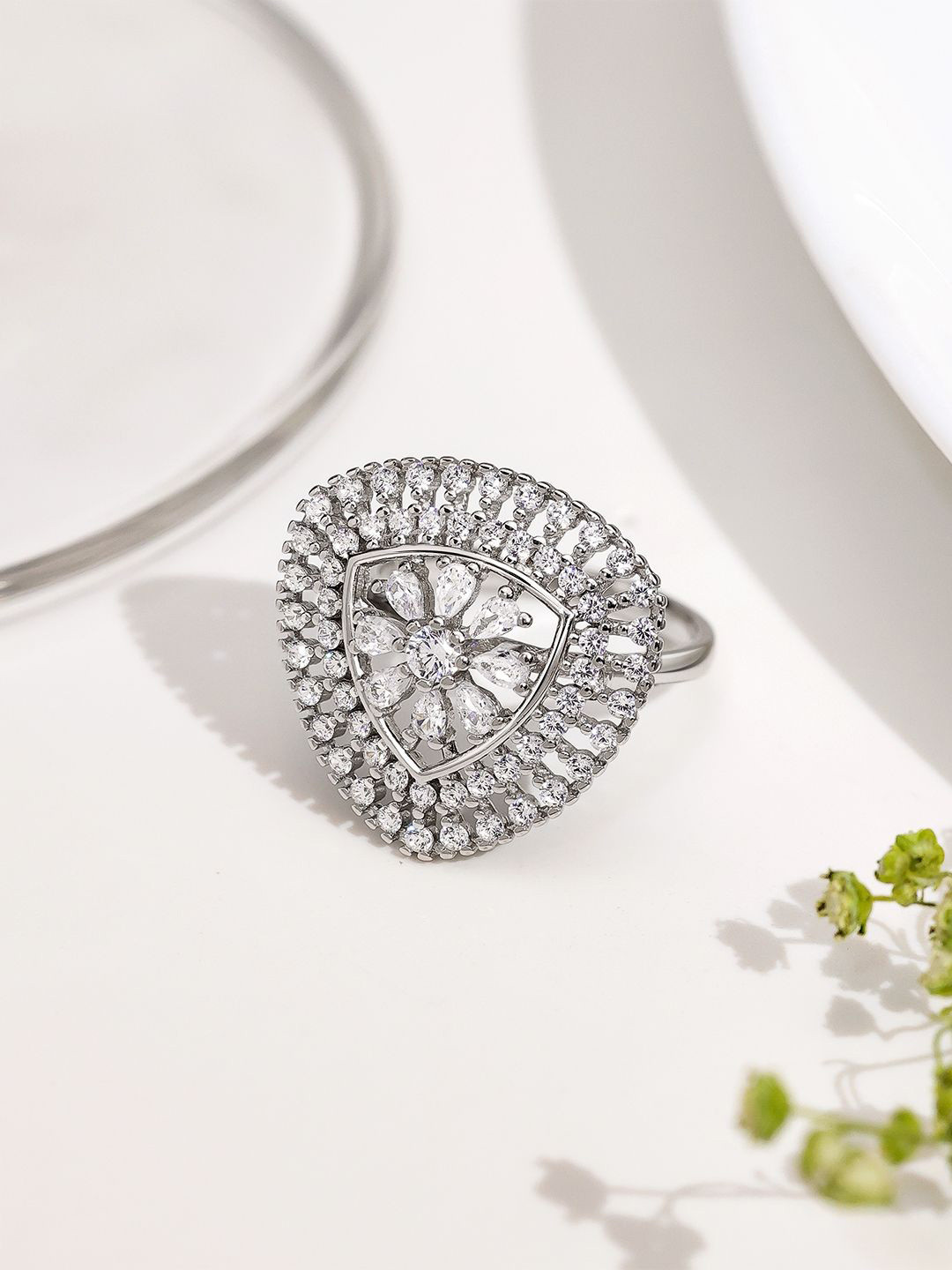 Tweov Jewels 925 SterlingSilver RhodiumPlated American Diamond & Cubic Zircon Studded Ring