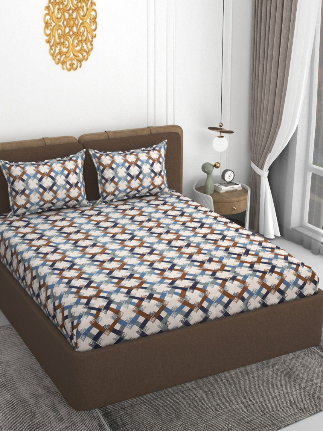 VOMZER Ft-Tiles Off White Geometric Cotton 210 TC Fitted King Fine Bedsheet with 2 Pillow Covers-78 x 72 inches