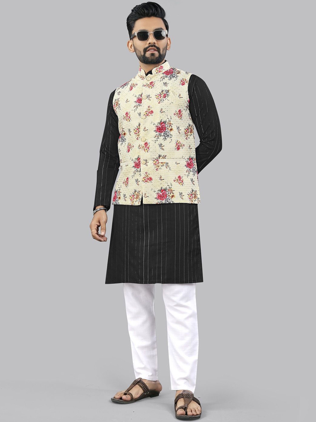 Leipzig Fashion Striped Mandarin Collar Straight Kurta With Pyjamas And Nehru jacket