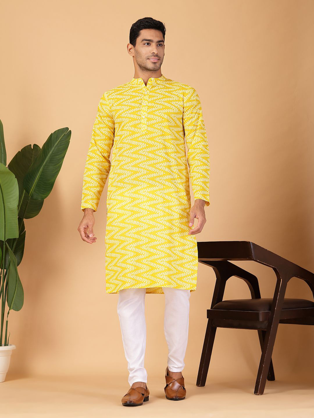 JAPER KURTI Men Chevron Printed Thread Work Kurta