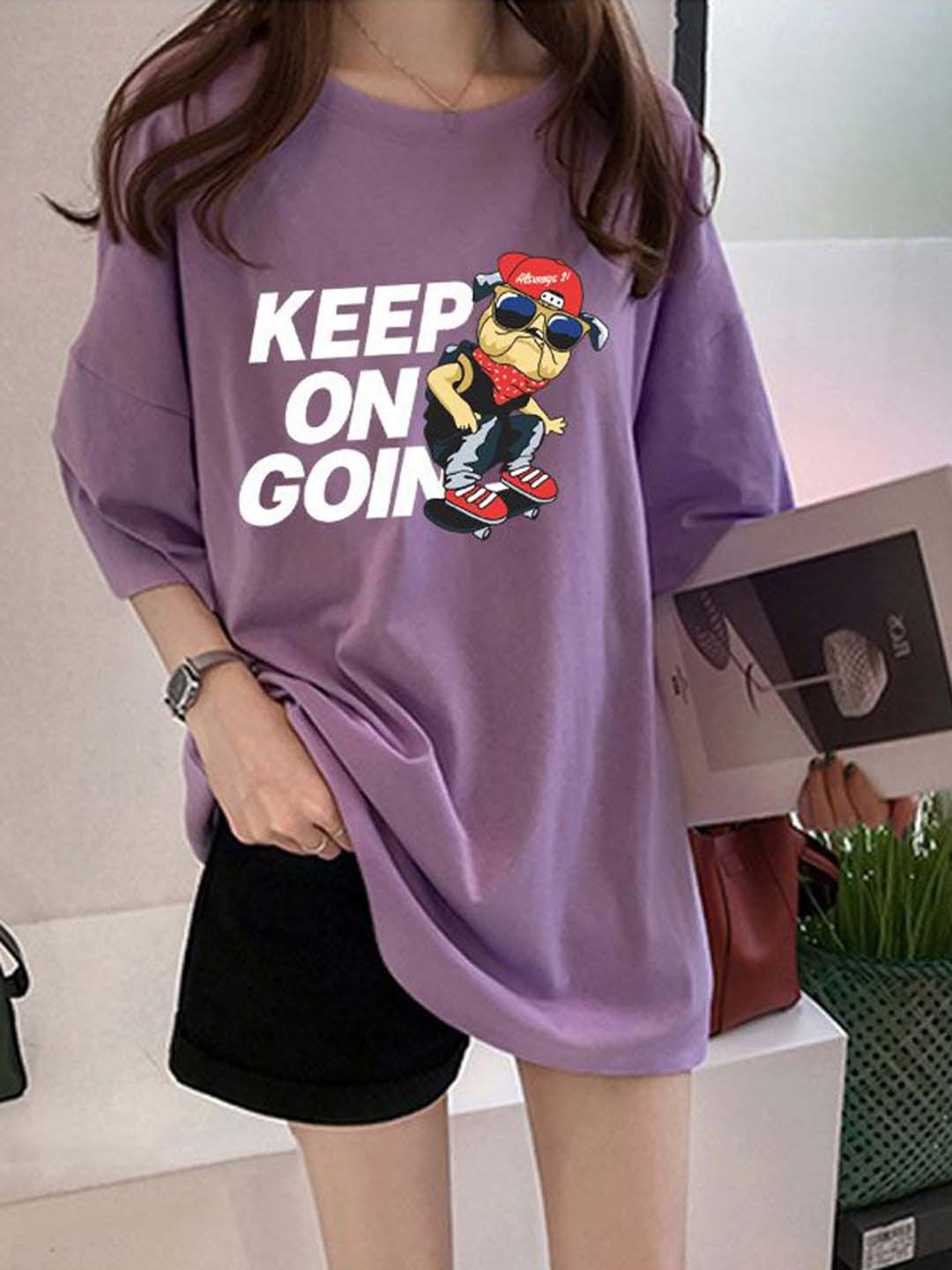 Outzidr Women Purple Chest Print Graphic Tshirt