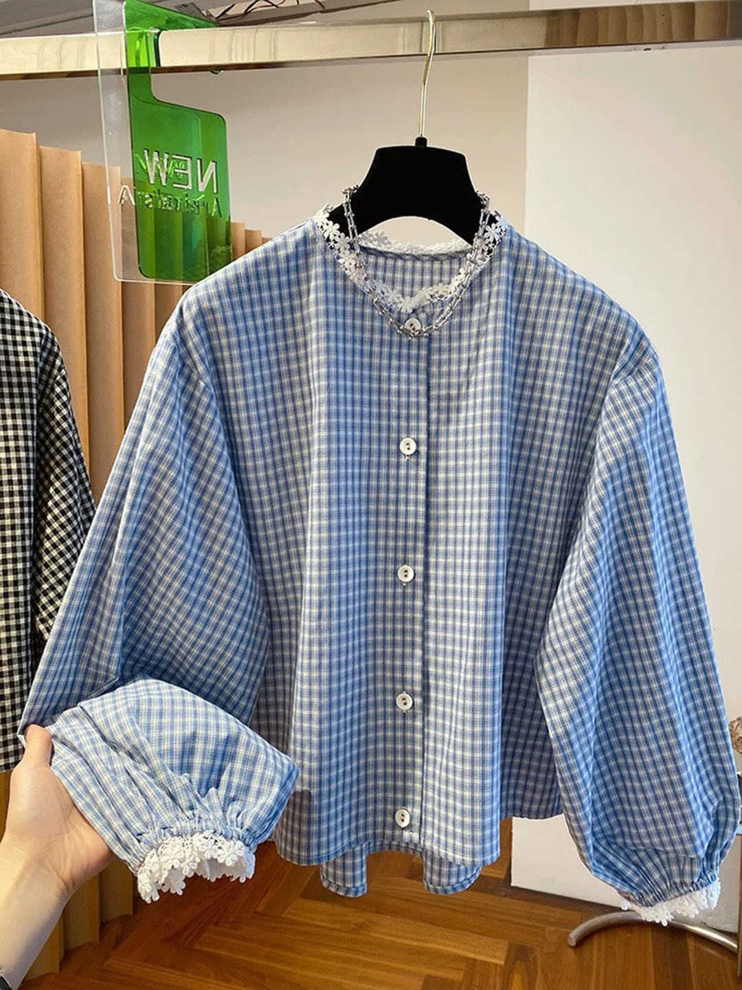 Outzidr Blue Shirt With Lace Detailing