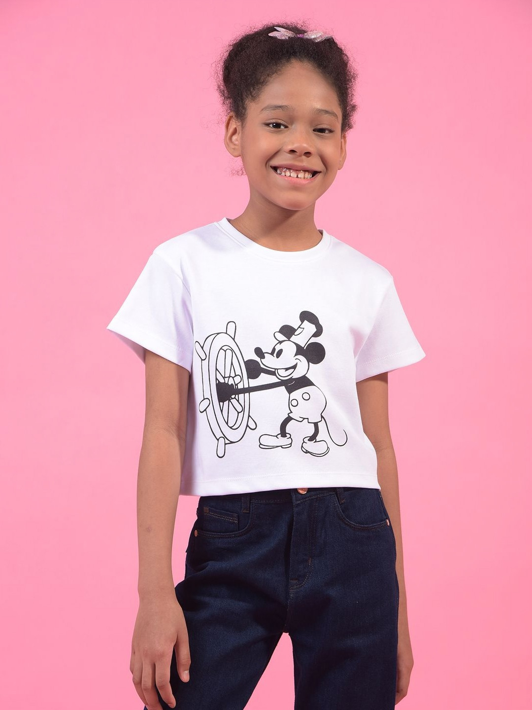 Crimsoune Club Girls Mickey Mouse Graphic Printed Round Neck Cotton T-shirt