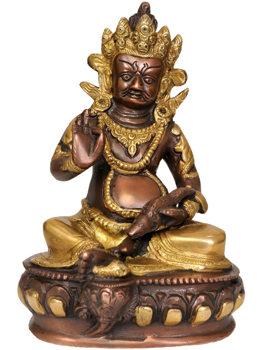 Exotic India Tibetan Buddhist Kubera Brown Brass Metallic Living Room Medium Showpiece - 7.5 Inches