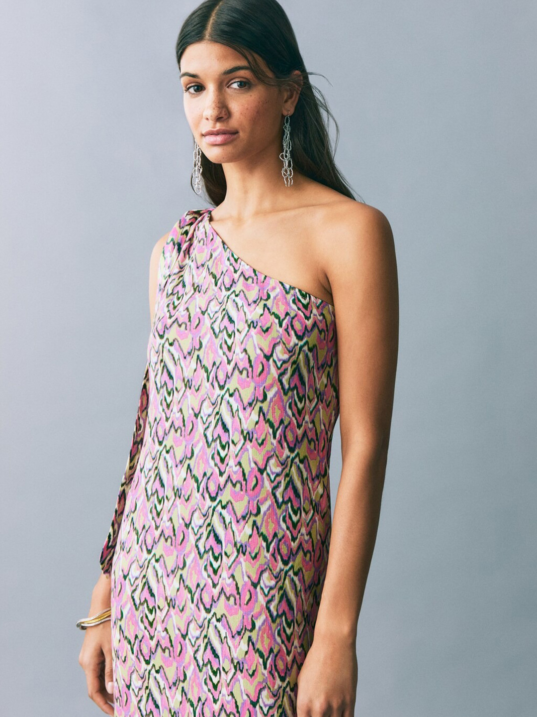 MANGO Abstract Print One Shoulder Bow Detailed Maxi Dress