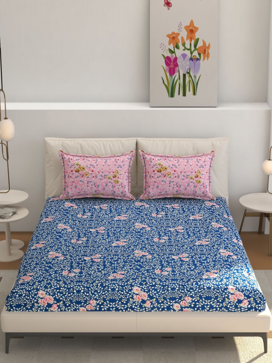REALDREAM Presents Luxurious Blue Floral Cotton 300 TC Fitted King Fine Bedsheet with 2 Pillow Covers-78 x 72 inches