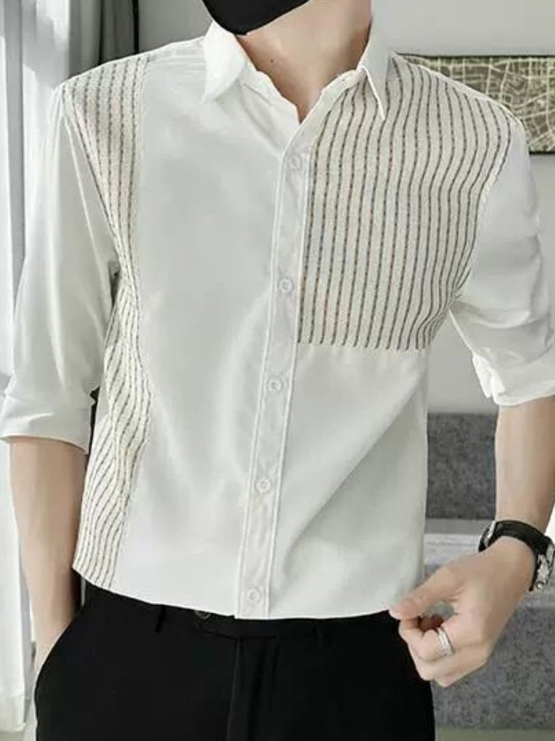 Cream Vertical Striped Casual Shirt with Spread Collar