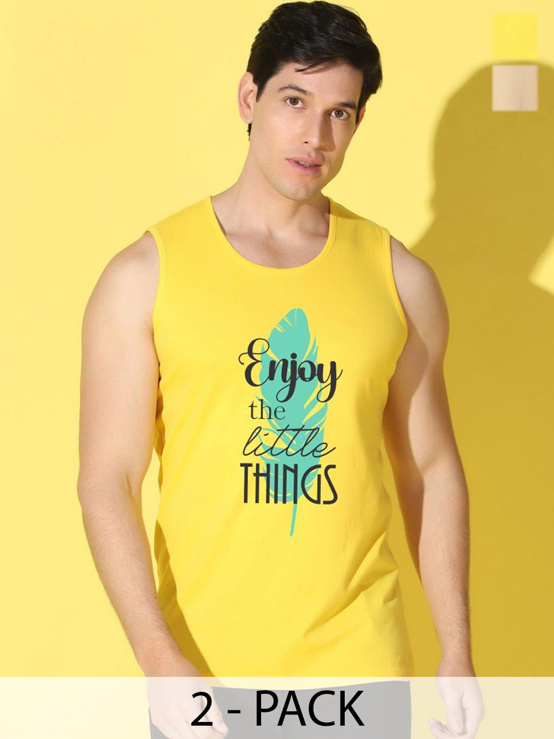 WOOSTRO 2-Pcs Printed Odour-Free Cotton Innerwear Vests VWS26(ENJOY YELLOW)(RUN RUST)