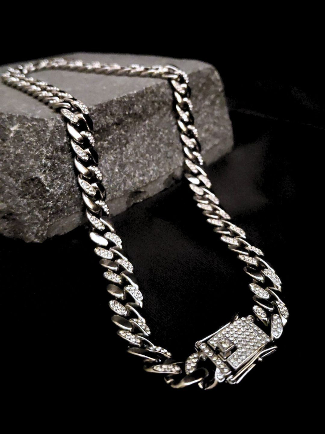 RaasRani Men Rhodium-Plated Stainless Steel Iced Out Double-line CZ-Studded Chain