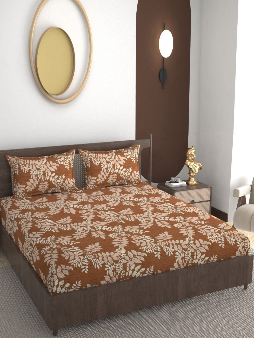 REALDREAM Presents Luxurious Brown Floral Cotton 300 TC Fitted King Fine Bedsheet with 2 Pillow Covers-78 x 72 inches