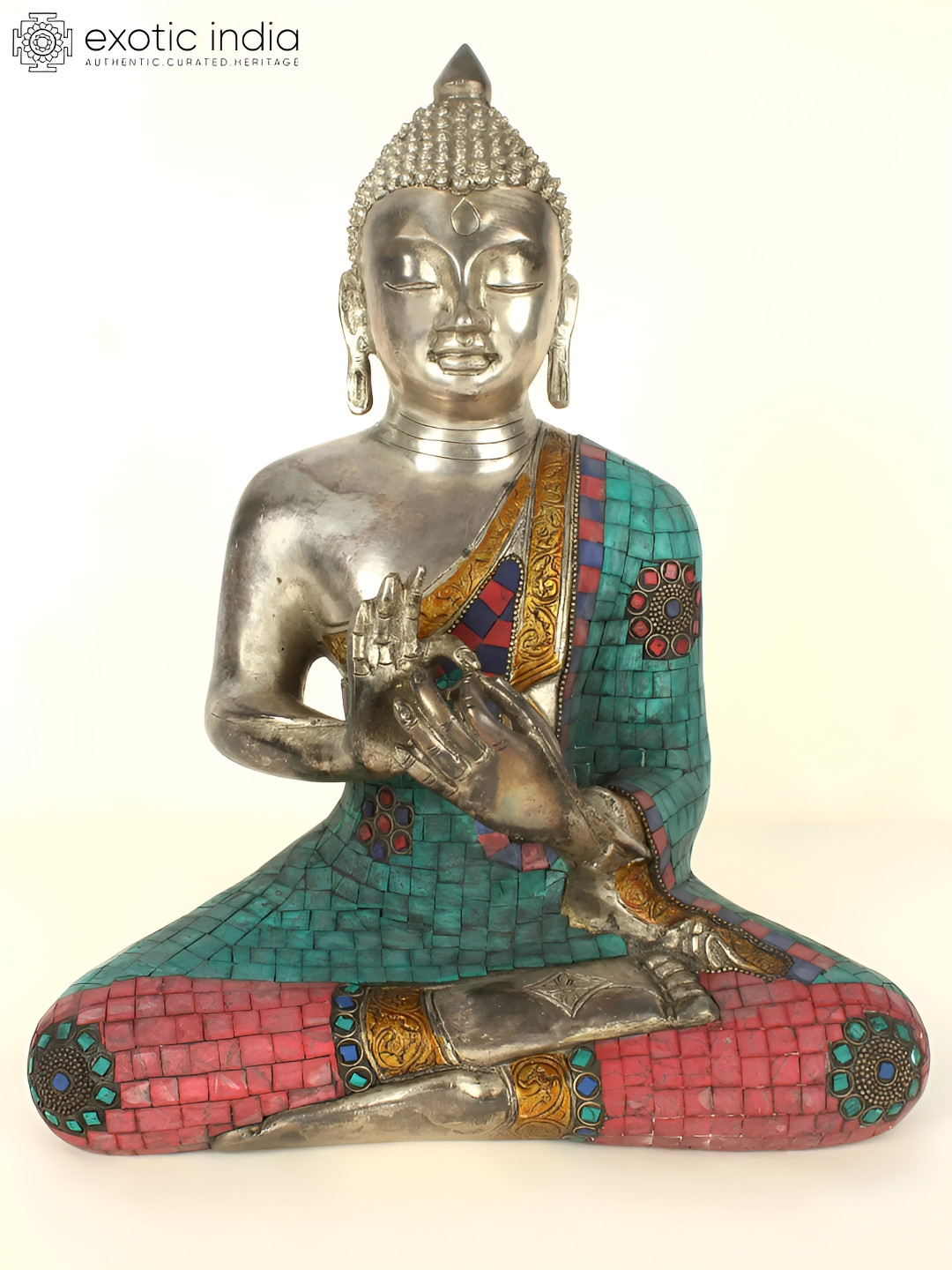 Exotic India Tibetan Buddhist Lord Buddha in Dharmachakra Mudra Gold Brass Metallic Living Room Medium Showpiece - 13.5 Inches