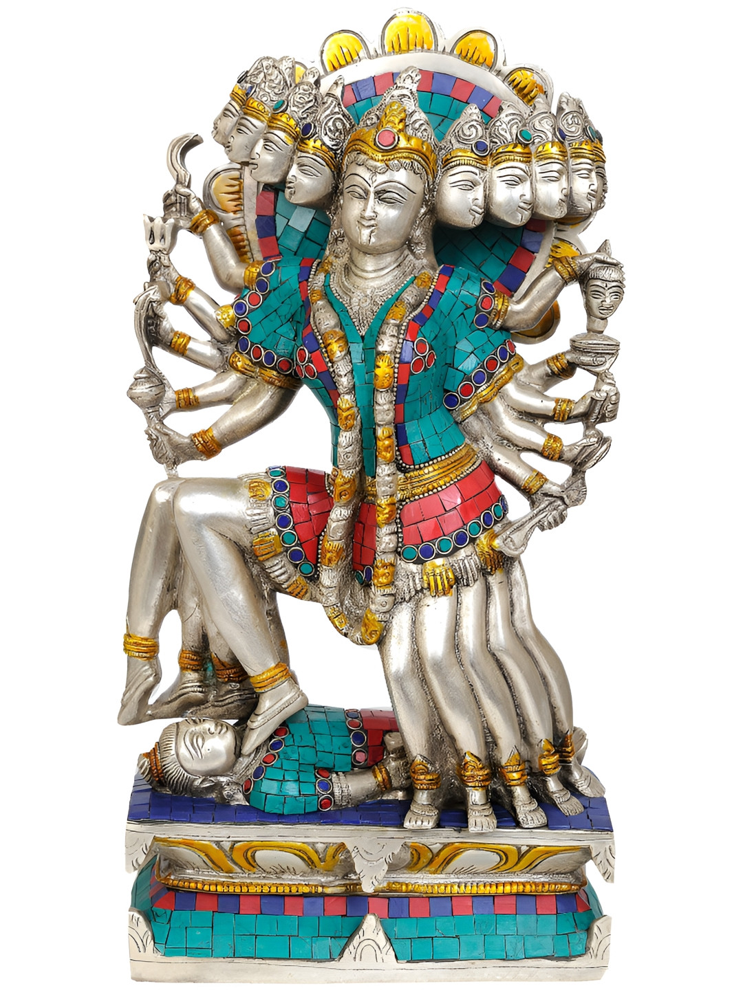 Exotic India Ten-Faced Goddess Mahakali Silver Brass Metallic Prayer Room Medium Showpiece - 15.5 Inches