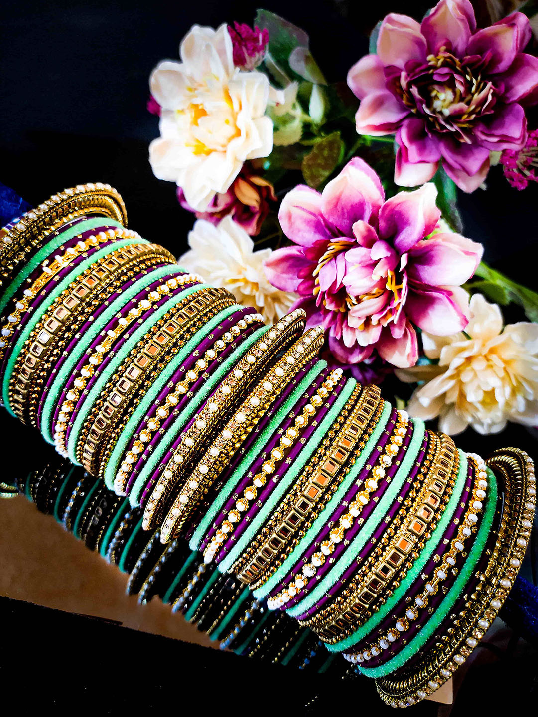 RIJOLI Set Of 52 Gold-Plated Stone Studded & Beaded Fancy Bangles