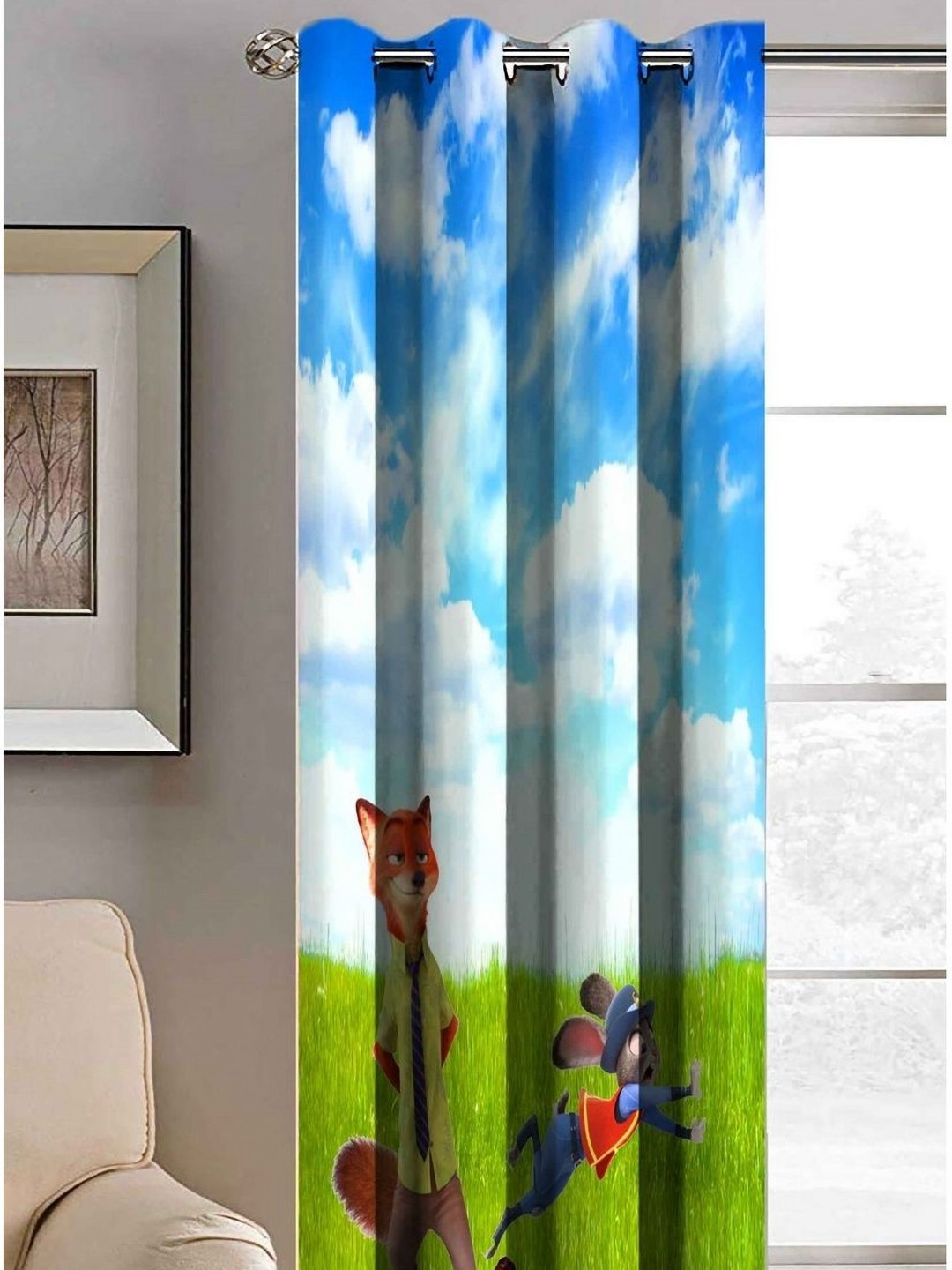 Aura Blue & White Cartoon Cat & Rabit Printed Light Blocking Long Door Curtain