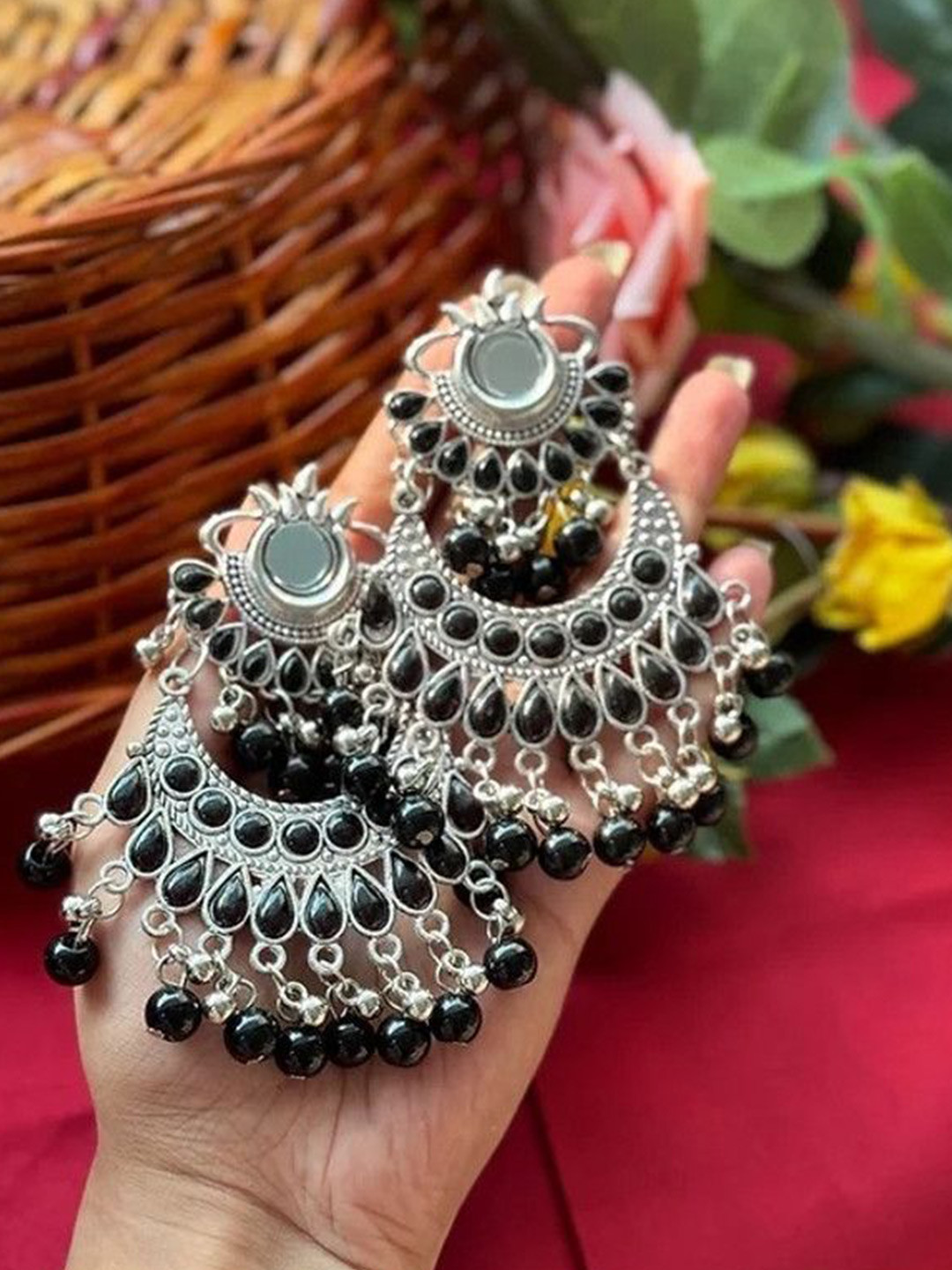 SZN Artificial Stones Studded And Beaded Crescent Shaped Chandbalis