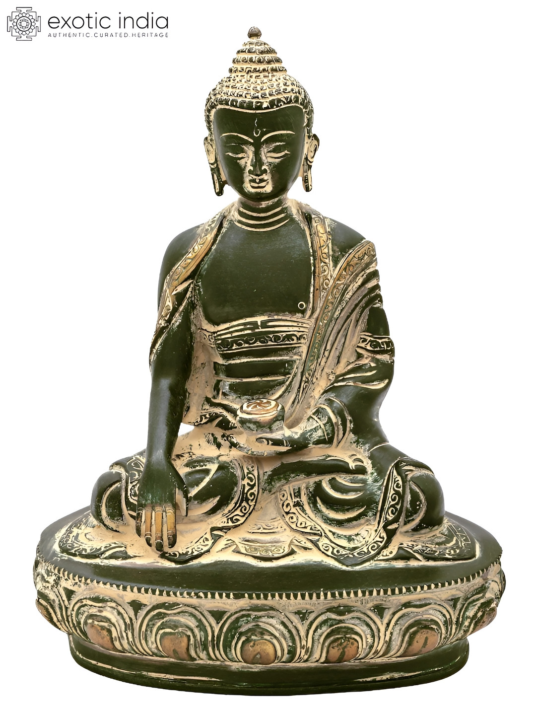 Exotic India Lord Buddha in Mara Vijay Mudra Green Brass Metallic Living Room Small Showpiece - 8 Inches