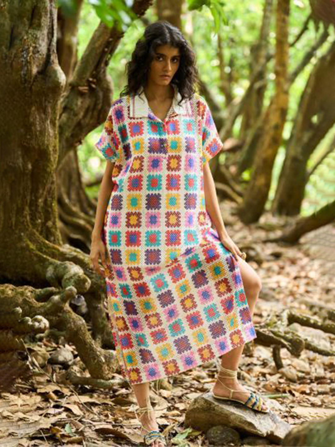 Dash and Dot Women Crochet Checked Print Crepe Shirt Midi Dress