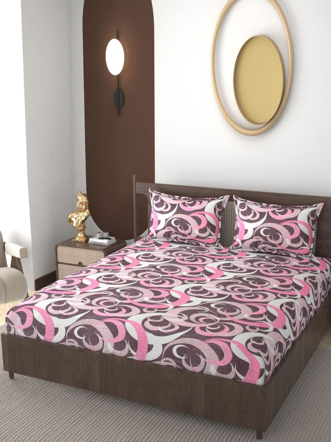 REALDREAM Presents Luxurious Pink Conversational Cotton 300 TC Fitted King Fine Bedsheet with 2 Pillow Covers-78 x 72 inches