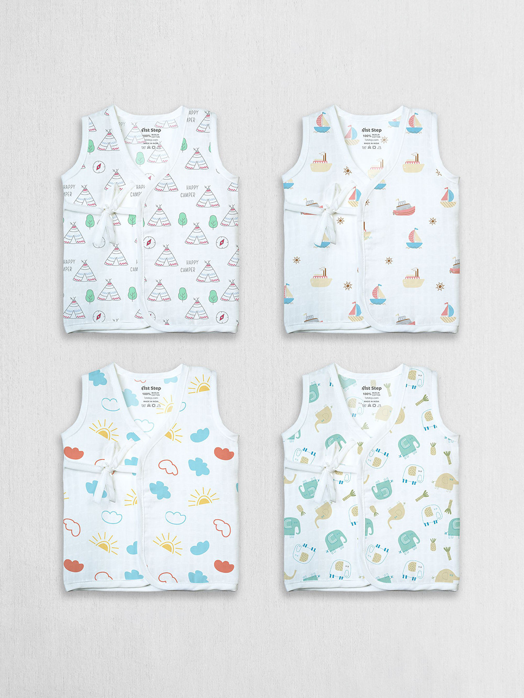 1st Step Girls Pack of 3 Printed V-Neck Cotton Jhabla