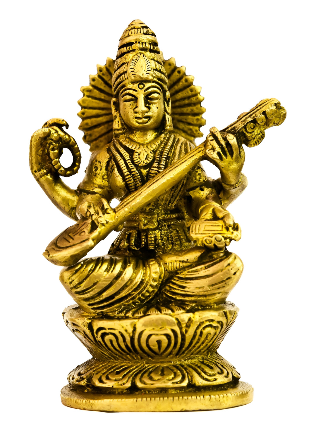 Exotic India Devi Saraswati Gold Brass Metallic Prayer Room Small Showpiece - 4.5 Inches