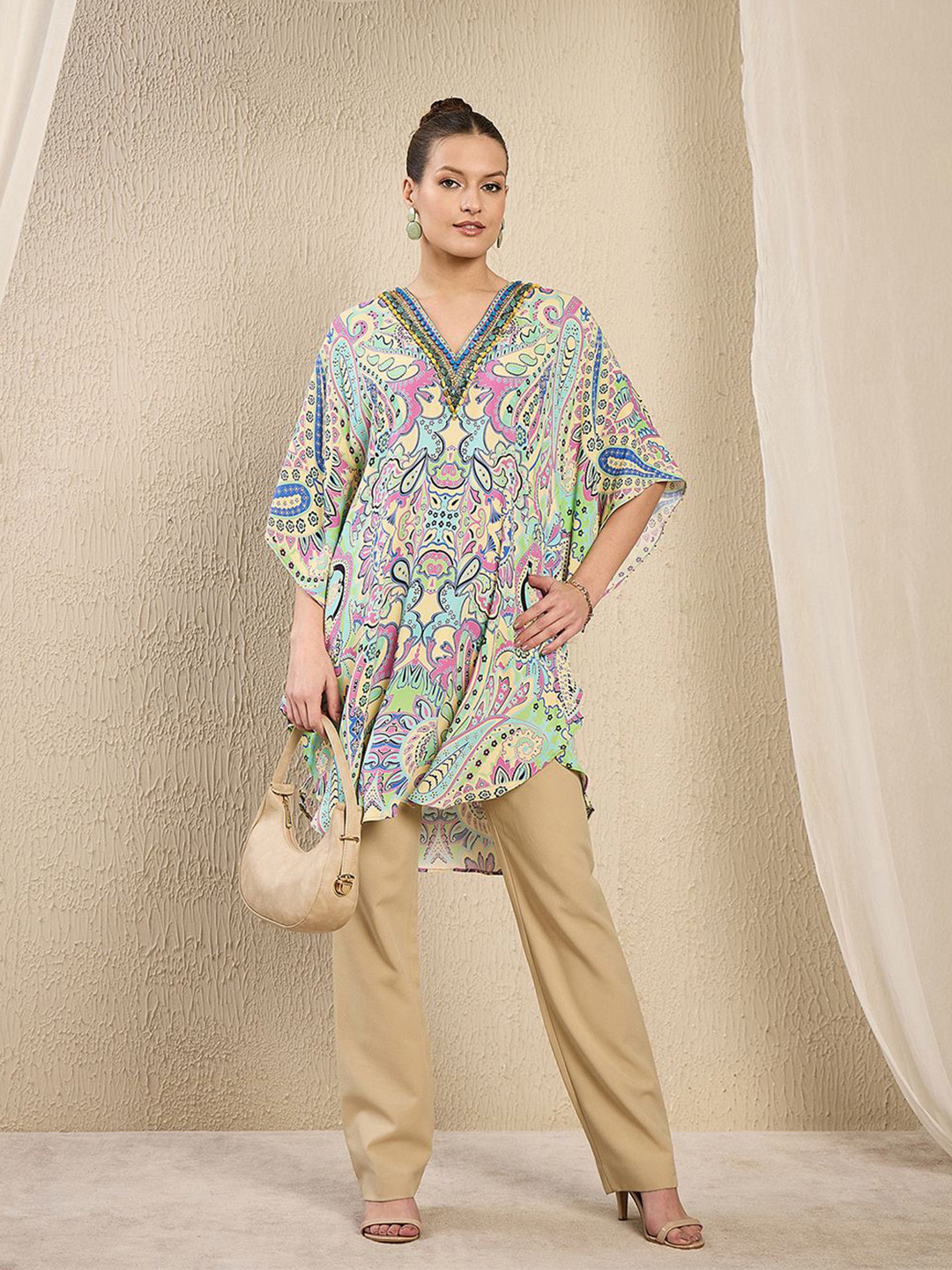 First Resort by Ramola Bachchan Women Paisley Printed Embellished V-Neck Kaftan Tunic